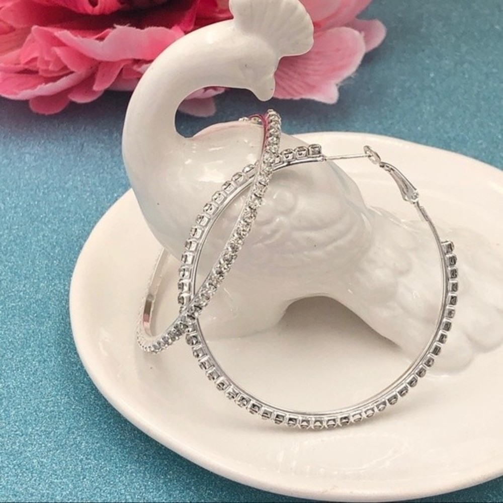 🌼 Rhinestone Silver Large  Hoop Earrings